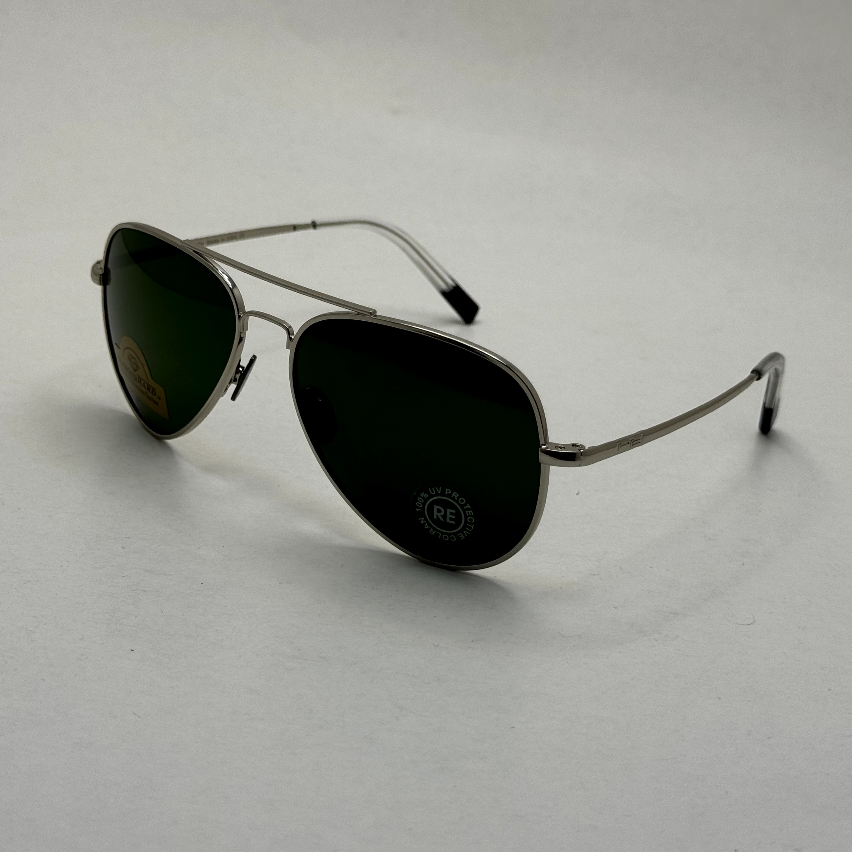 عینک آفتابی خلبانی رندولف شیشه سنگ کانکورد آنتی رفلکس سبز فریم نقره ای فول پک اصلی RANDOLPH AVIATOR CR 231 24K