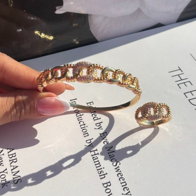 ست دستبند و انگشتر نگین دار زنانه طرح کارتیه Cartier فری سایز freesize رنگ ثابت کد sm (پس کرایه)