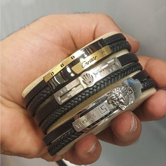 دستبند چرمی قفل و پلاک استیل مردانه طرح رولکس Rolex کیفیت چرم عالی تنوع طرح رنگ ثابت کد bn (پس کرایه)