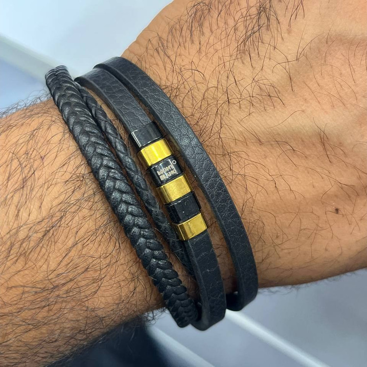 دستبند چرمی قفل و پلاک استیل مردانه مونت بلنک Montblanc کیفیت چرم عالی تنوع طرح رنگ ثابت کدbn (پس کرایه)