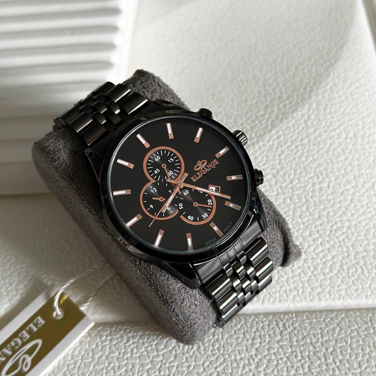 ست ساعت مردانه و پسرانه مارک الگانس ELEGANCE با دستبند و حلقه مشکی ارسال رایگان