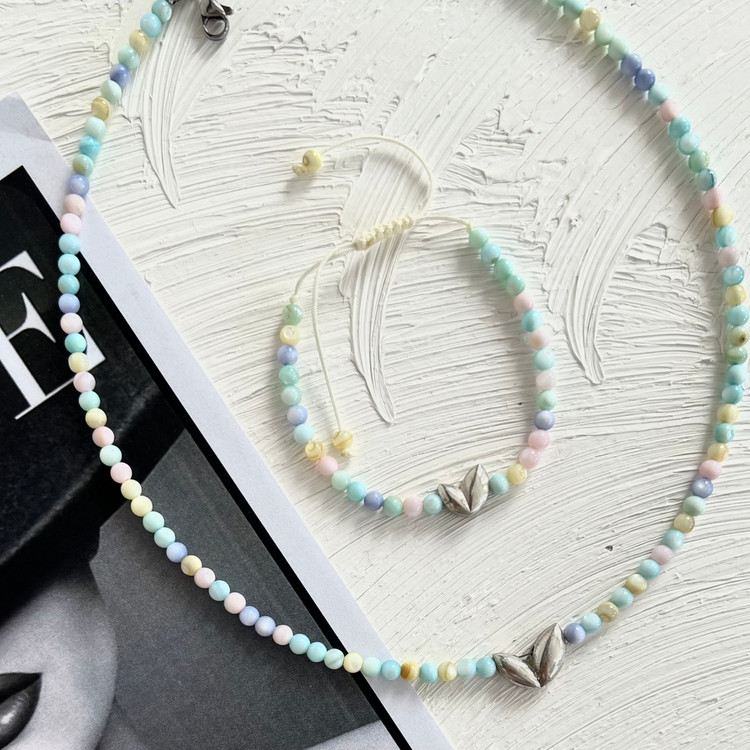گردنبند و دستبند قلب دفرمه نقره عیار 925 با سنگ پاستیلی