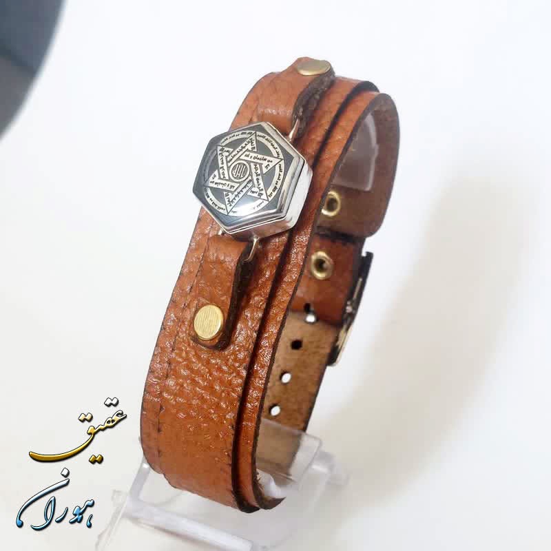 دستبند چرم حدید نقره ایی ستاره سلیمان شش ضلعی