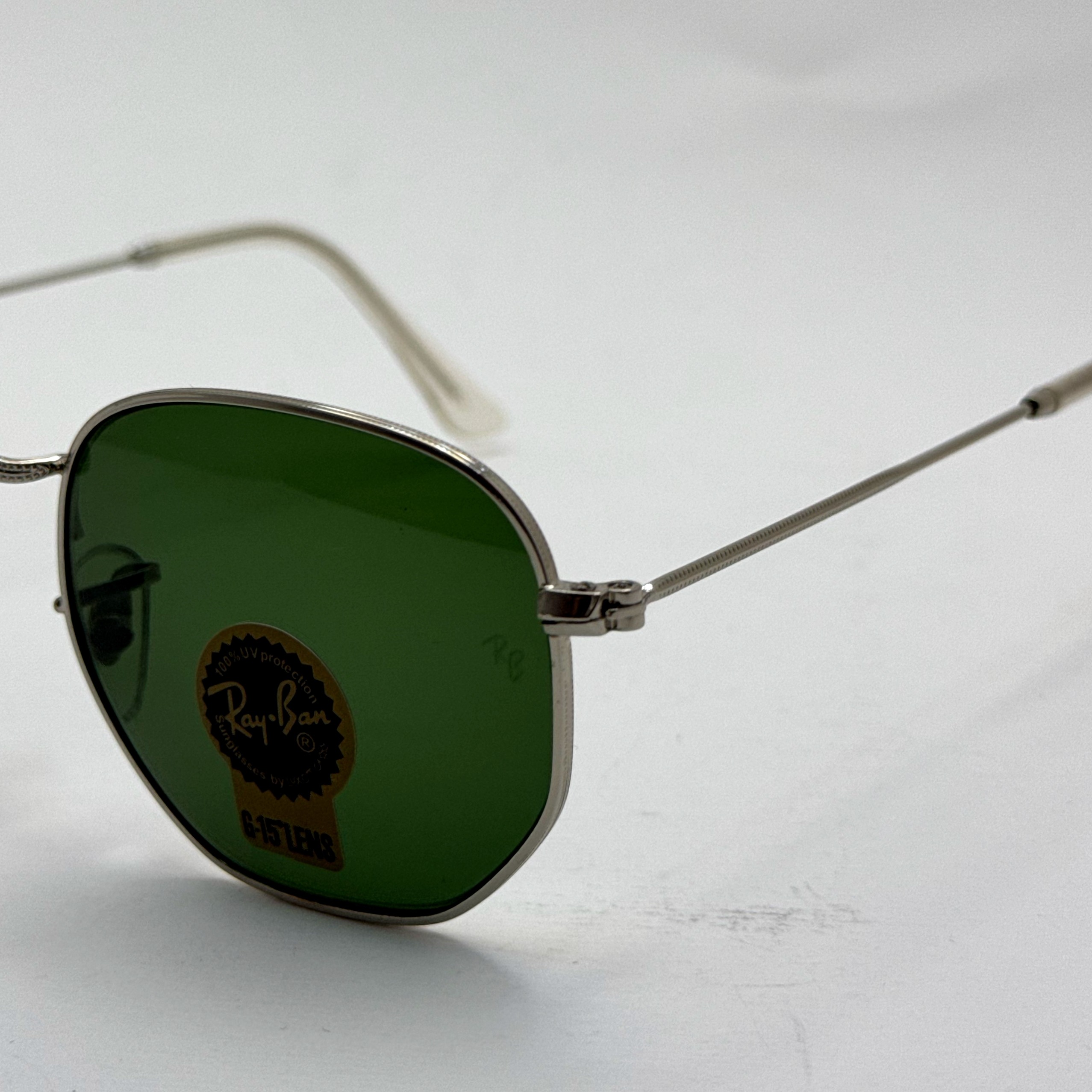 عینک ریبن هگزونال شیشه سنگ سبز فریم نقره ای به همراه پک کامل ریبن کد Rayban RB 3548 (ارسال رایگان)