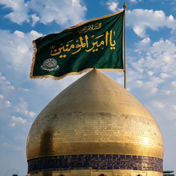 پرچم حرم حضرت علی طرح پرچم گنبد متبرک به صحن حرم با جعبه نفیس